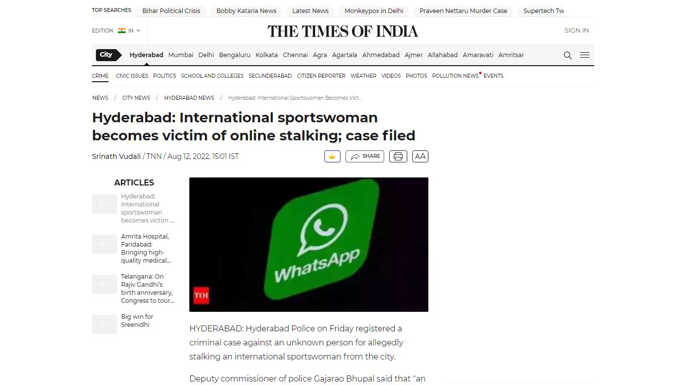 Hyderabad: International sportswoman becomes victim of online stalking ...